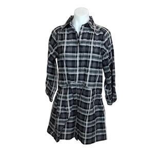 Club Monaco Black Gray Linen Checkered Plaid Mini Puff Sleeve Shirt Dress Sz XS